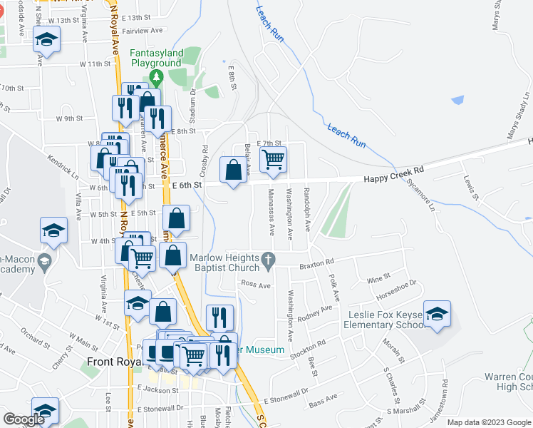 map of restaurants, bars, coffee shops, grocery stores, and more near 502 Manassas Avenue in Front Royal