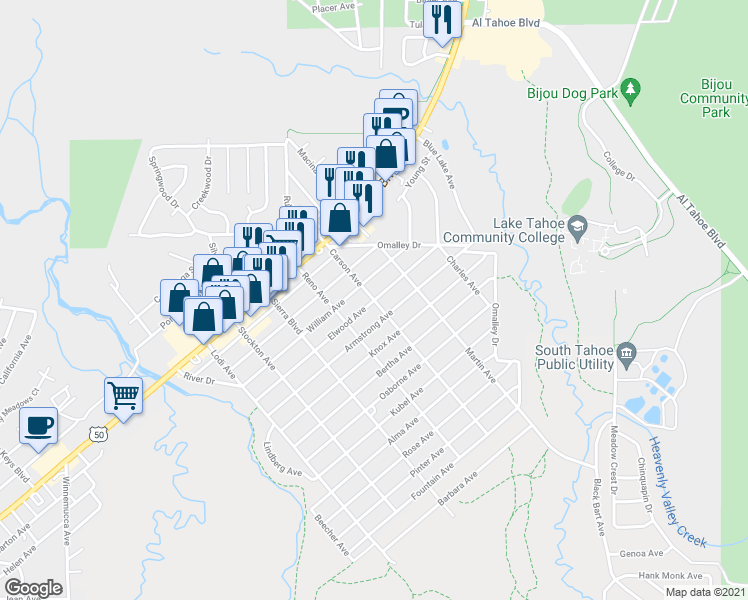 map of restaurants, bars, coffee shops, grocery stores, and more near Carson Avenue & Elwood Avenue in South Lake Tahoe
