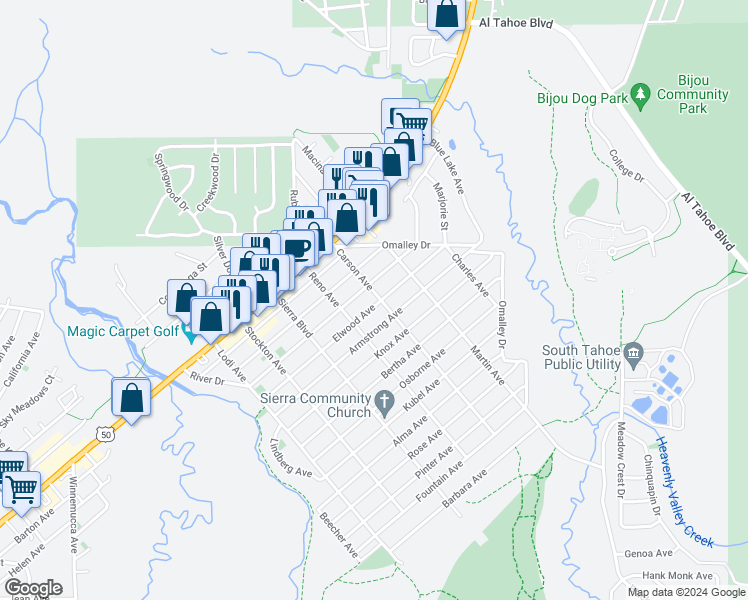 map of restaurants, bars, coffee shops, grocery stores, and more near 2621 Elwood Avenue in South Lake Tahoe