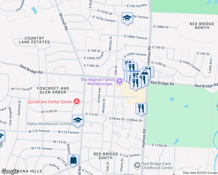 map of restaurants, bars, coffee shops, grocery stores, and more near 11120 Oak Street in Kansas City