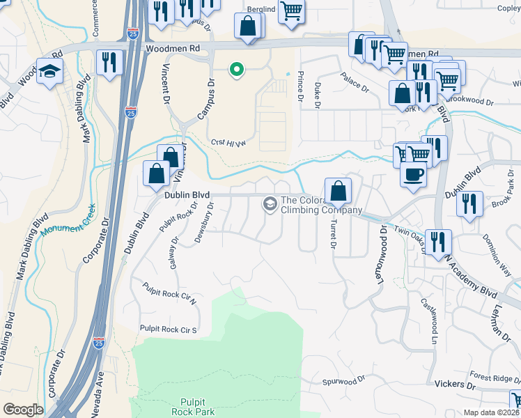map of restaurants, bars, coffee shops, grocery stores, and more near 6440 Garlock Way in Colorado Springs