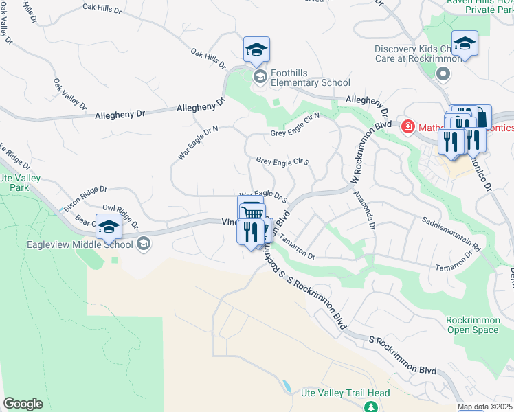 map of restaurants, bars, coffee shops, grocery stores, and more near 830 Vindicator Drive in Colorado Springs