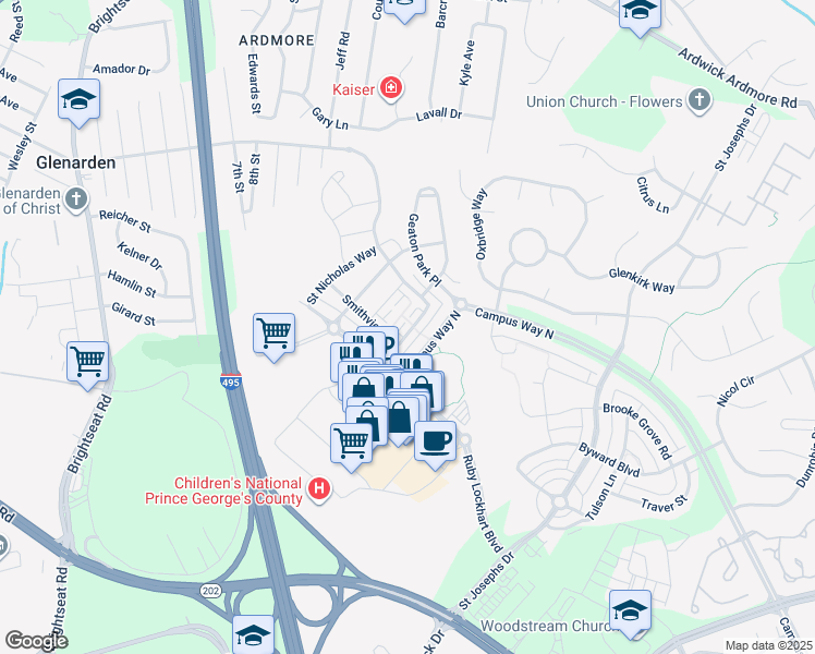 map of restaurants, bars, coffee shops, grocery stores, and more near 9603 Smithview Place in Lanham