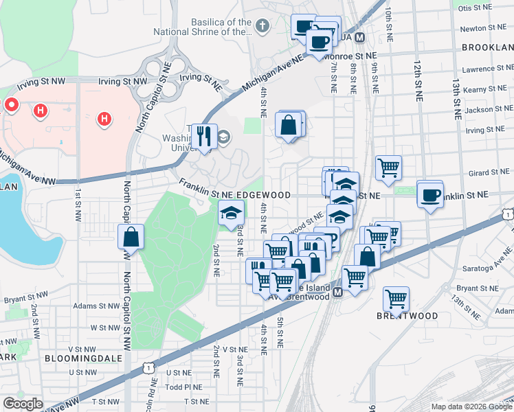 map of restaurants, bars, coffee shops, grocery stores, and more near 101 Independence Avenue Southeast in Washington