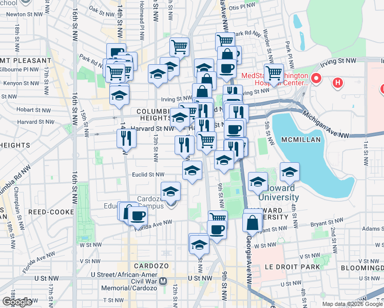 map of restaurants, bars, coffee shops, grocery stores, and more near 101 Independence Avenue Southeast in Washington