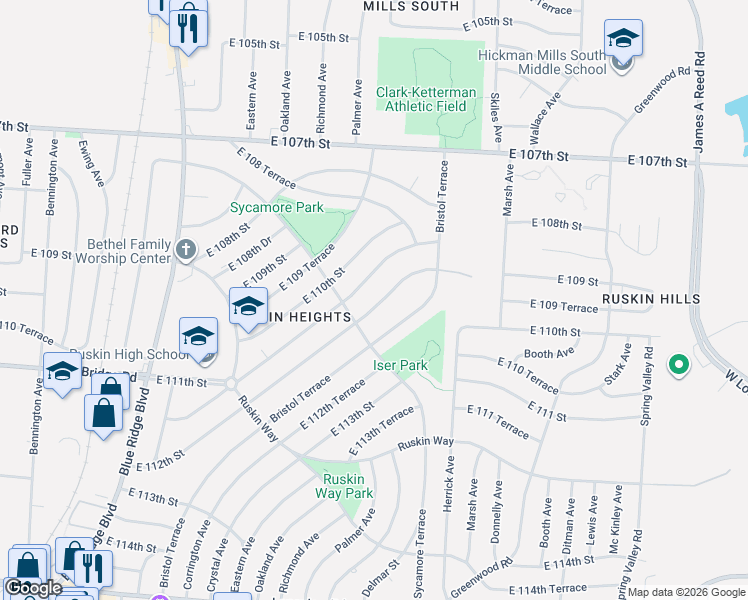 map of restaurants, bars, coffee shops, grocery stores, and more near 7704 East 112th Street in Kansas City