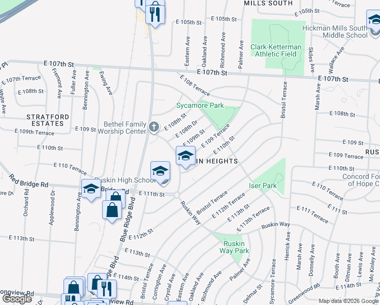 map of restaurants, bars, coffee shops, grocery stores, and more near 7308 East 109 Terrace in Kansas City