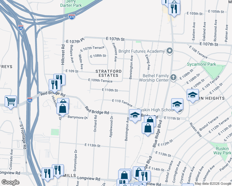 map of restaurants, bars, coffee shops, grocery stores, and more near 6501 East 110th Street in Kansas City