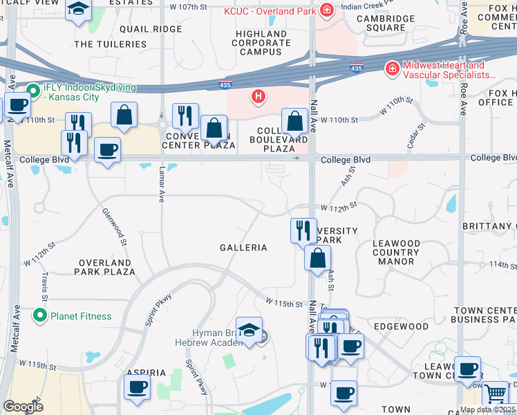 map of restaurants, bars, coffee shops, grocery stores, and more near 5885 West 112th Street in Leawood