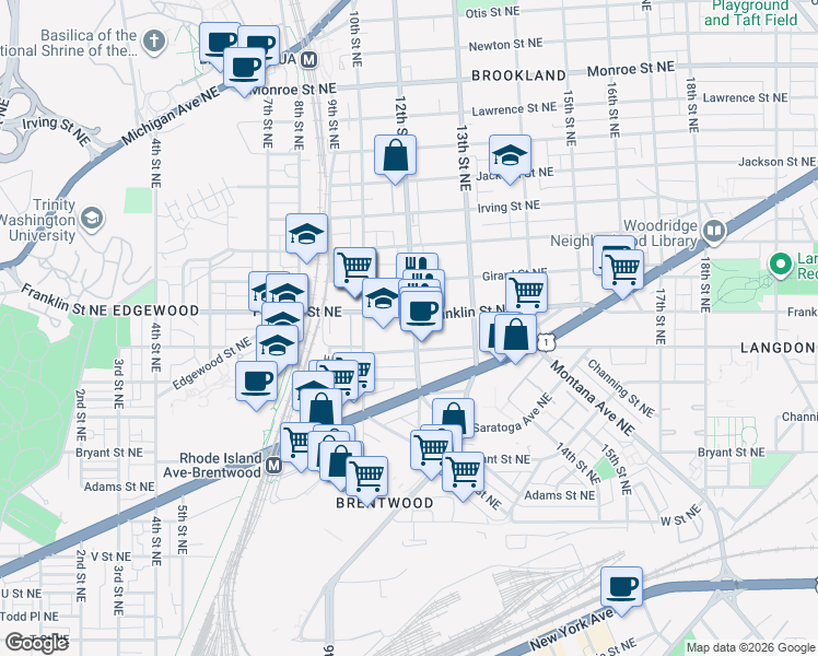 map of restaurants, bars, coffee shops, grocery stores, and more near 2724 12th Street Northeast in Washington