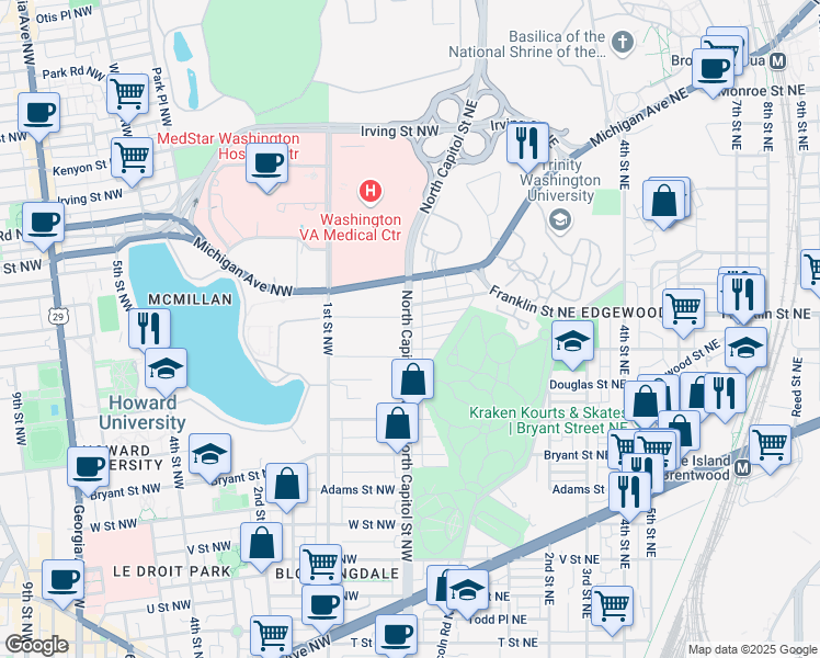map of restaurants, bars, coffee shops, grocery stores, and more near 1 Franklin Street Northeast in Washington
