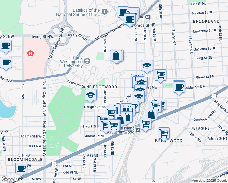 map of restaurants, bars, coffee shops, grocery stores, and more near 515 Montana Avenue Northeast in Washington