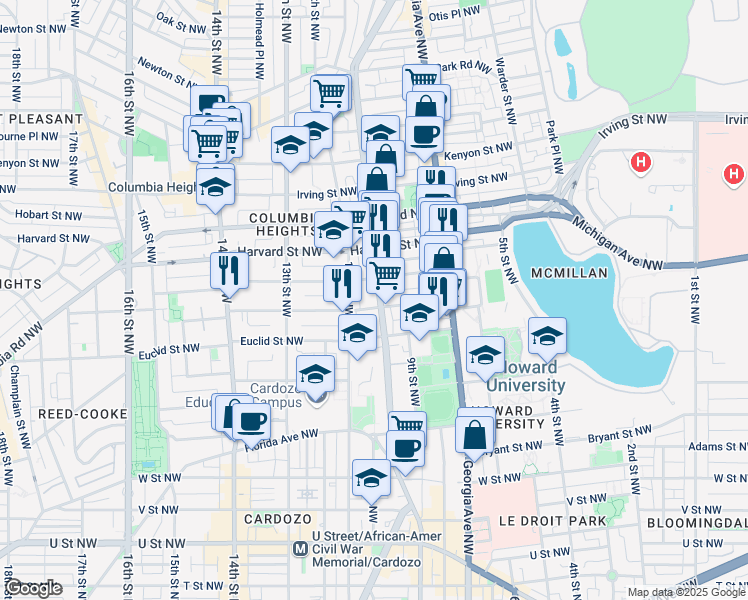 map of restaurants, bars, coffee shops, grocery stores, and more near 2708 Sherman Avenue Northwest in Washington