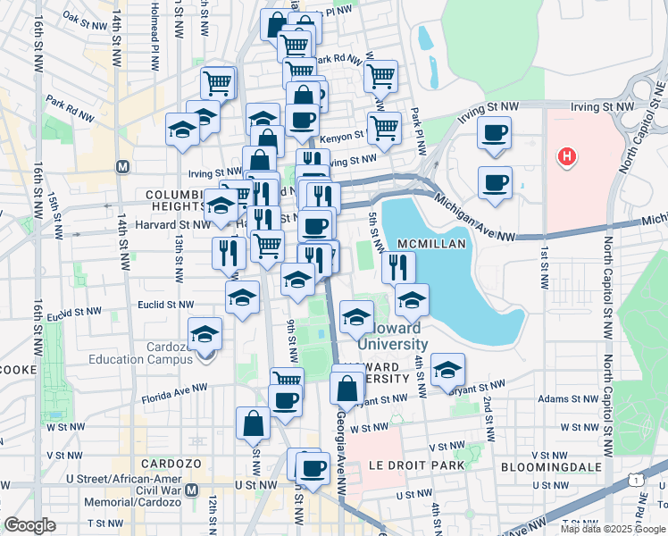 map of restaurants, bars, coffee shops, grocery stores, and more near 2711 Georgia Avenue Northwest in Washington