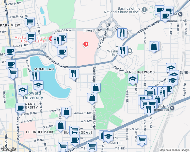 map of restaurants, bars, coffee shops, grocery stores, and more near North Capitol Street Northeast & Franklin Street Northeast in Washington