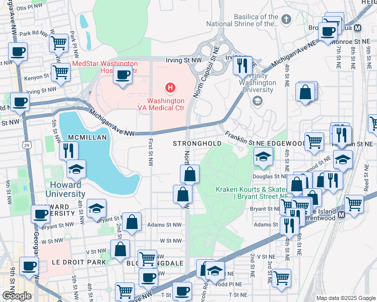 map of restaurants, bars, coffee shops, grocery stores, and more near 1 Franklin Street Northeast in Washington