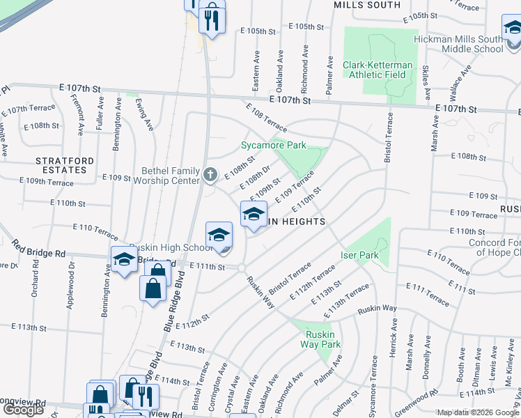 map of restaurants, bars, coffee shops, grocery stores, and more near 7308 East 109 Terrace in Kansas City