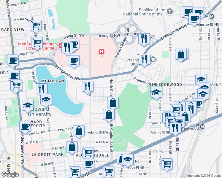 map of restaurants, bars, coffee shops, grocery stores, and more near 2800 North Capitol Street Northwest in Washington