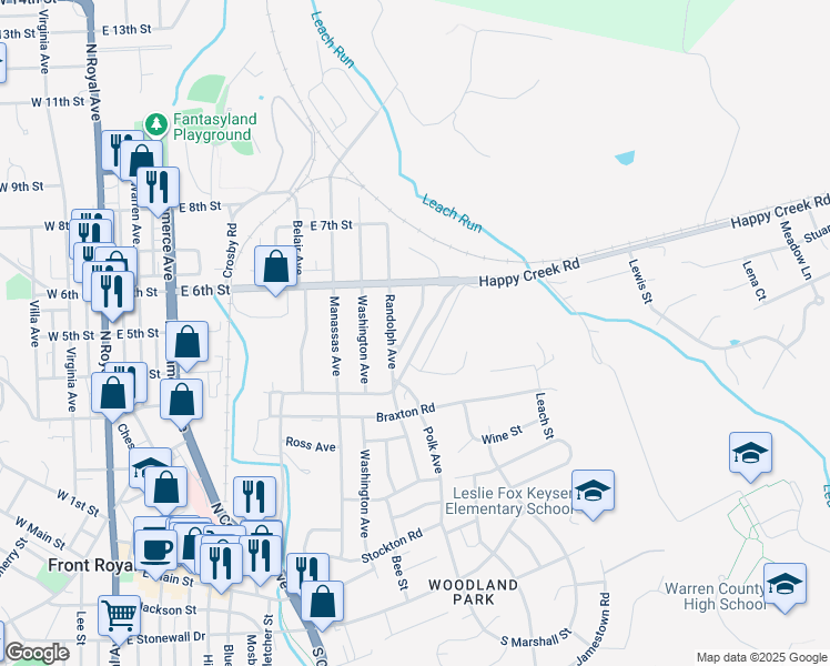 map of restaurants, bars, coffee shops, grocery stores, and more near 515 Frederick Avenue in Front Royal