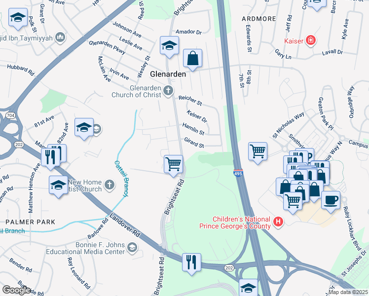 map of restaurants, bars, coffee shops, grocery stores, and more near 3017 Brightseat Road in Prince George's County