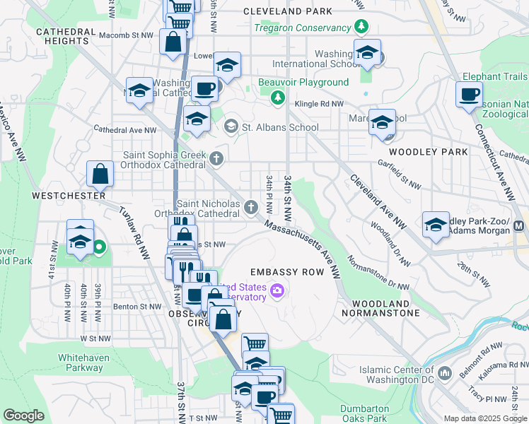 map of restaurants, bars, coffee shops, grocery stores, and more near 3415 Massachusetts Avenue Northwest in Washington