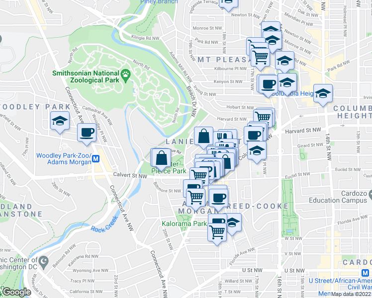 map of restaurants, bars, coffee shops, grocery stores, and more near Adams Mill Rd NW & Clydesdale Pl NW in Washington