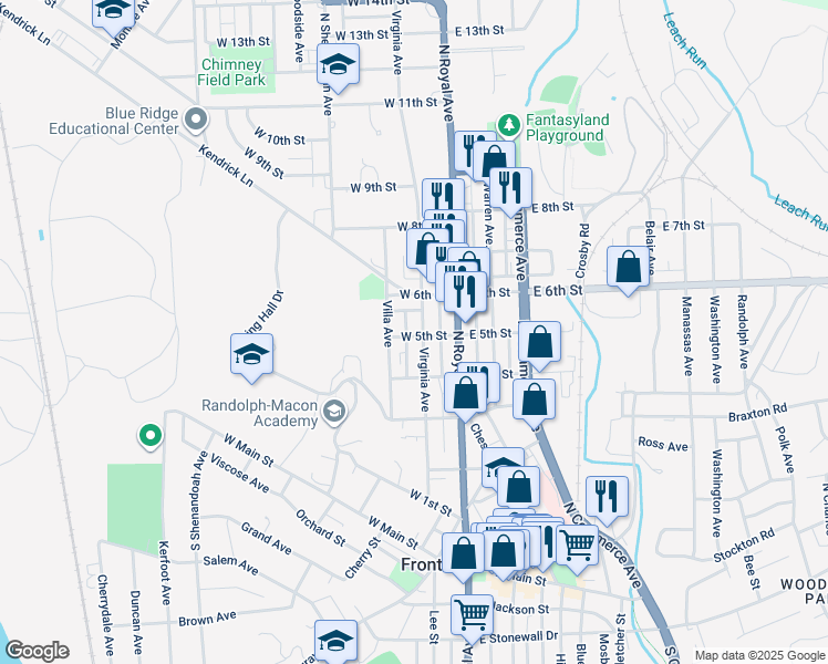 map of restaurants, bars, coffee shops, grocery stores, and more near 502 Virginia Avenue in Front Royal