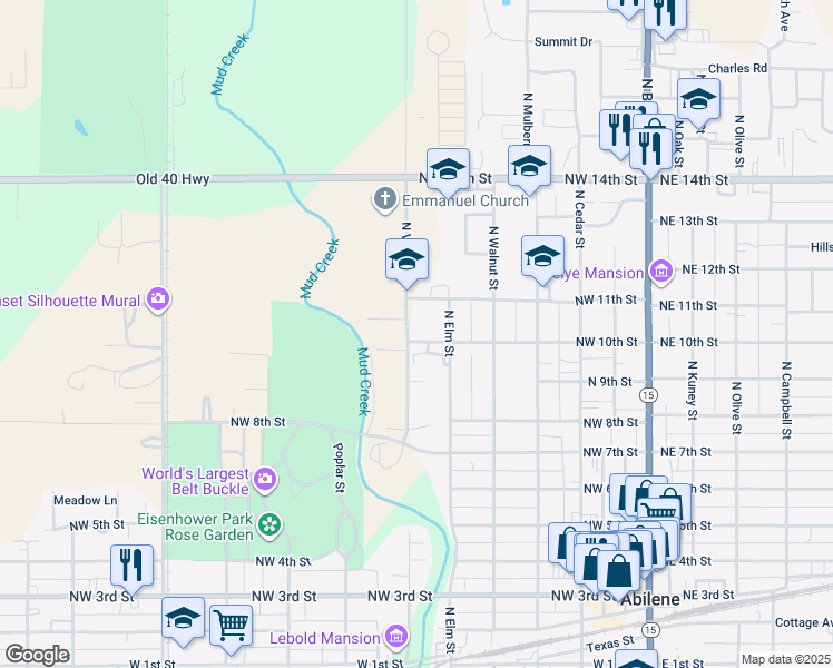 map of restaurants, bars, coffee shops, grocery stores, and more near 750 Northwest 10th Street in Abilene