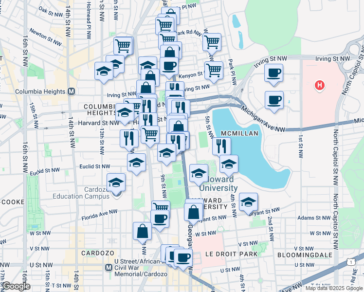 map of restaurants, bars, coffee shops, grocery stores, and more near Georgia Avenue Northwest & Fairmont Street Northwest in Washington