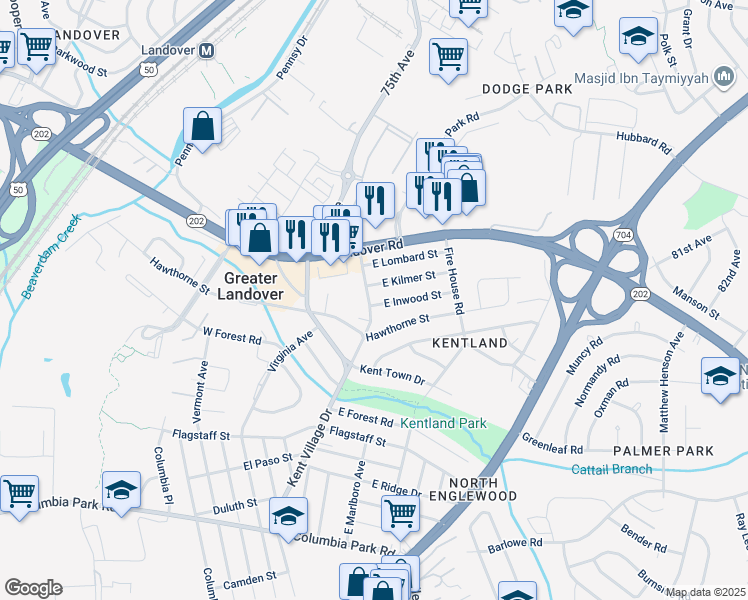 map of restaurants, bars, coffee shops, grocery stores, and more near 7000 East Inwood Street in Greater Landover