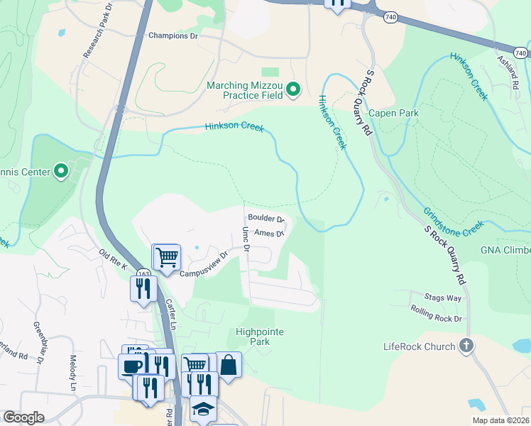 map of restaurants, bars, coffee shops, grocery stores, and more near 709 Boulder Drive in Columbia
