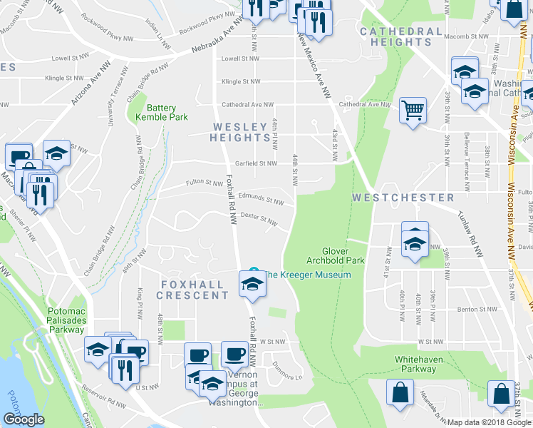 map of restaurants, bars, coffee shops, grocery stores, and more near 4509 Dexter Street Northwest in Washington