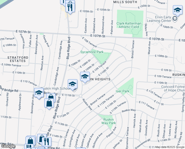map of restaurants, bars, coffee shops, grocery stores, and more near 7414 East 110th Street in Kansas City