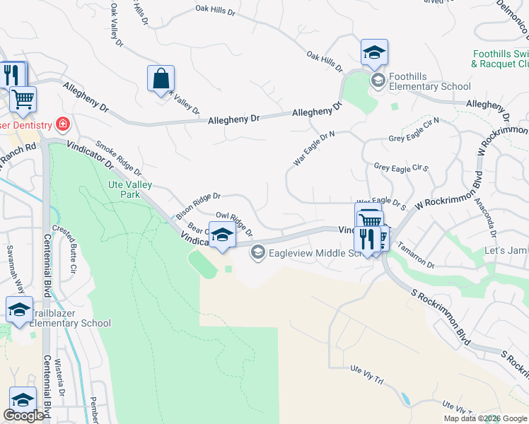 map of restaurants, bars, coffee shops, grocery stores, and more near 6615 Sky Hawk Court in Colorado Springs