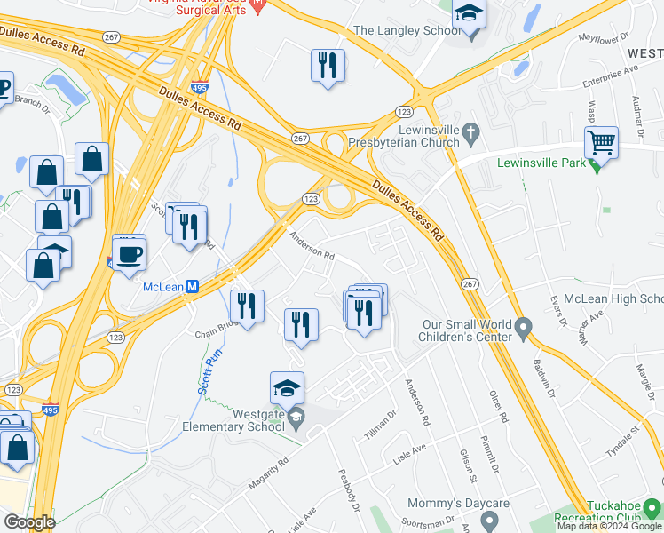 map of restaurants, bars, coffee shops, grocery stores, and more near Birdwood Avenue in Tysons