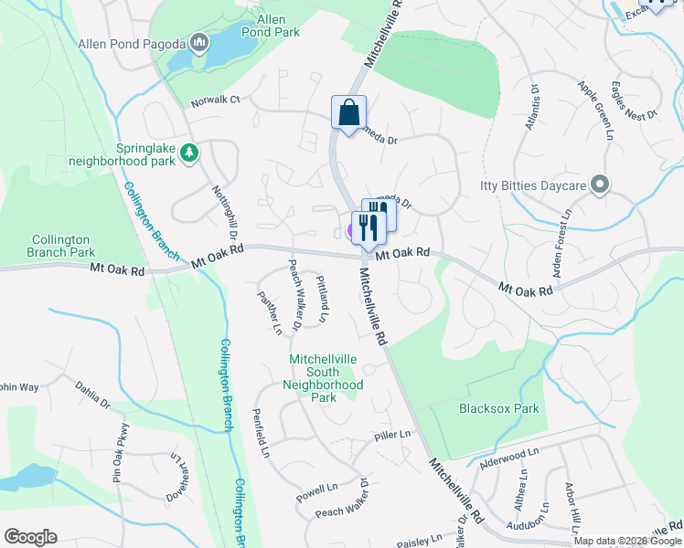 map of restaurants, bars, coffee shops, grocery stores, and more near 15605 Mount Oak Road in Bowie