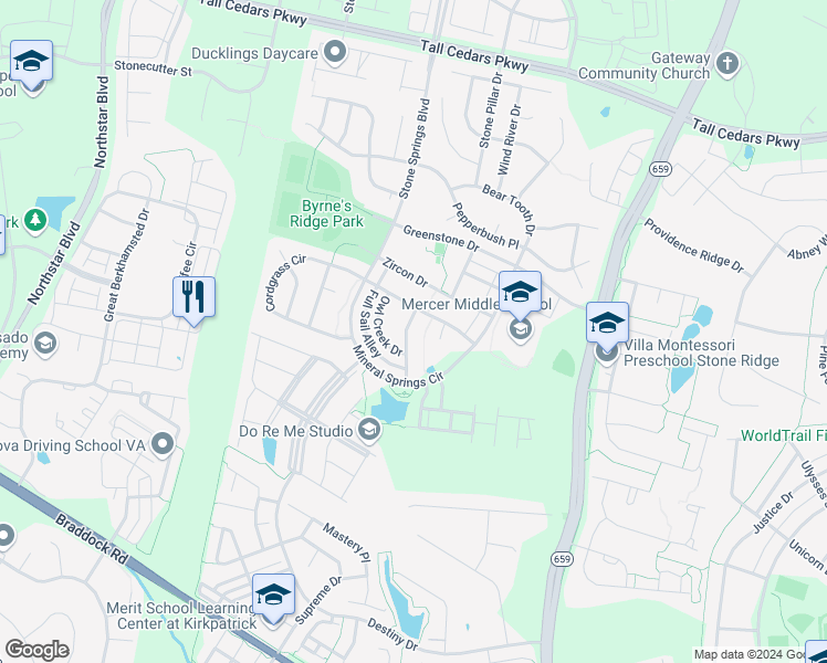 map of restaurants, bars, coffee shops, grocery stores, and more near 25030 Graywacke Drive in Stone Ridge