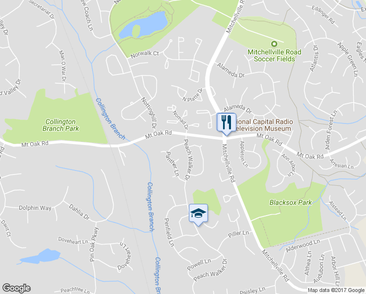 map of restaurants, bars, coffee shops, grocery stores, and more near 2519 Panther Lane in Bowie