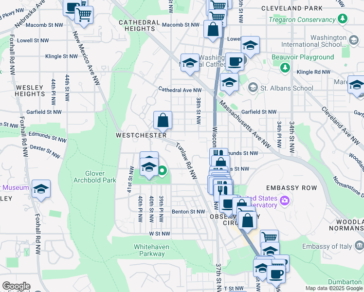 map of restaurants, bars, coffee shops, grocery stores, and more near 2645 Tunlaw Road Northwest in Washington