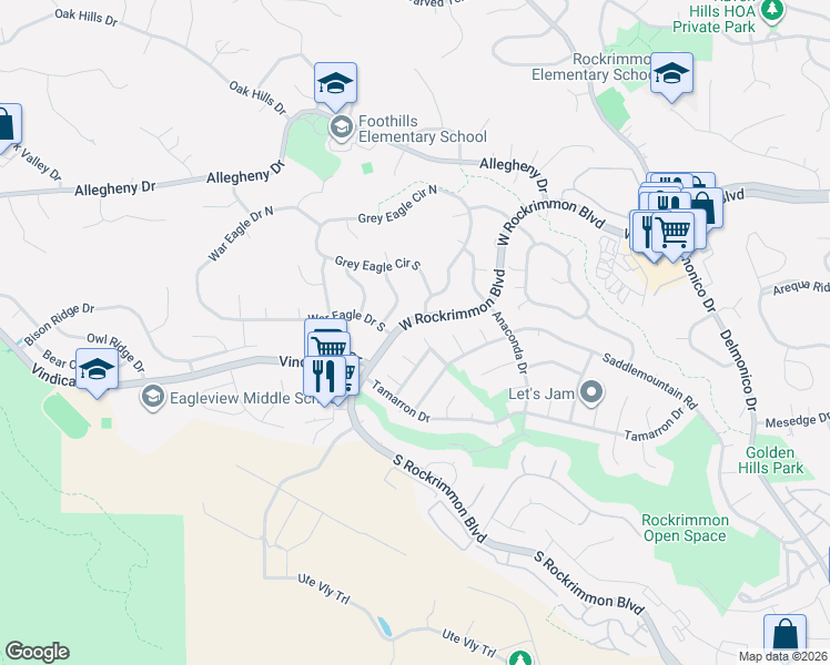 map of restaurants, bars, coffee shops, grocery stores, and more near 6421 Redstone Circle in Colorado Springs