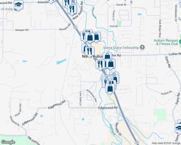 map of restaurants, bars, coffee shops, grocery stores, and more near 1545 Grass Valley Highway in Auburn