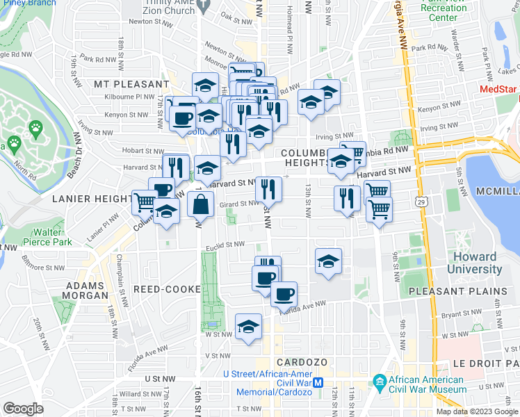 map of restaurants, bars, coffee shops, grocery stores, and more near 2750 14th Street Northwest in Washington