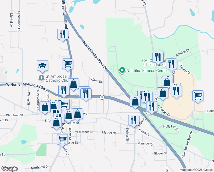map of restaurants, bars, coffee shops, grocery stores, and more near 2811 Curvey Street in Godfrey