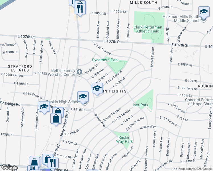map of restaurants, bars, coffee shops, grocery stores, and more near 7414 East 110th Street in Kansas City