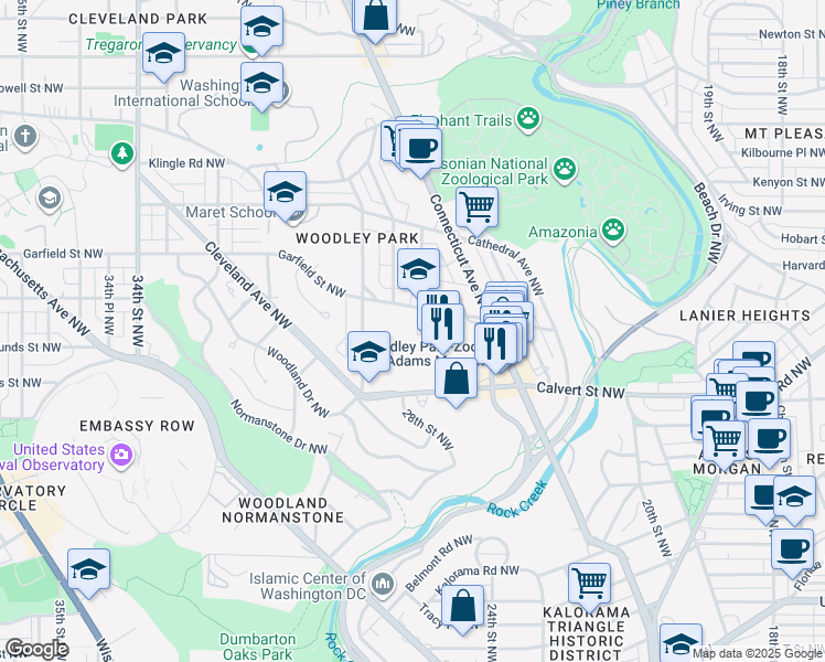 map of restaurants, bars, coffee shops, grocery stores, and more near 2700 Woodley Road Northwest in Washington