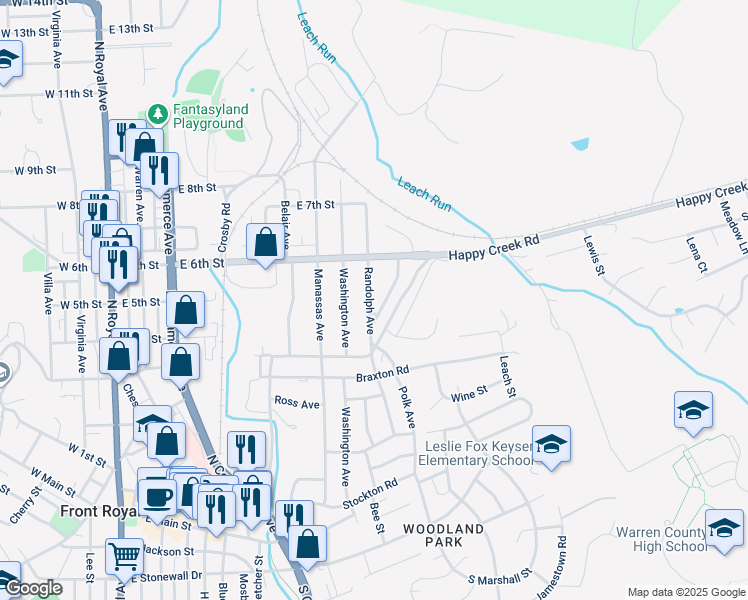 map of restaurants, bars, coffee shops, grocery stores, and more near 503 Randolph Avenue in Front Royal