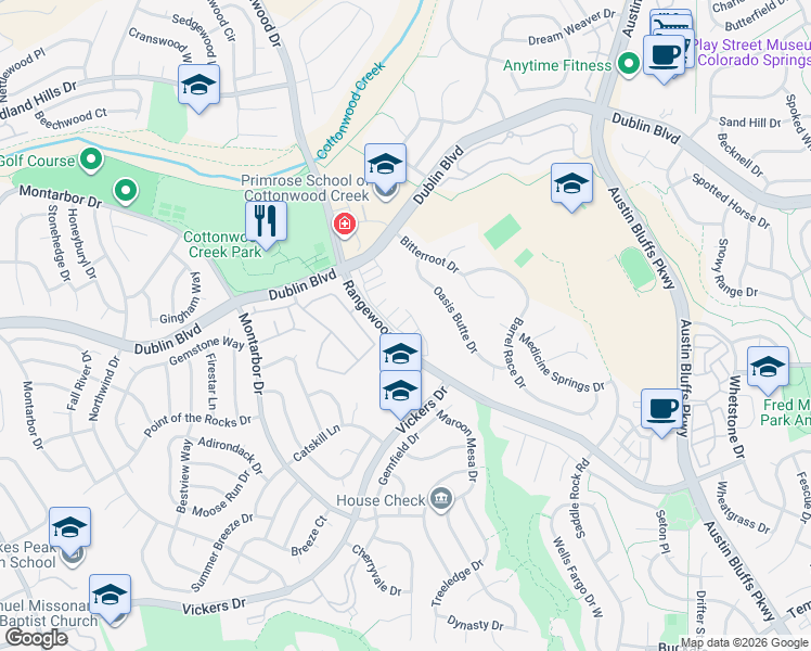 map of restaurants, bars, coffee shops, grocery stores, and more near 4216 Pine Lake Point in Colorado Springs