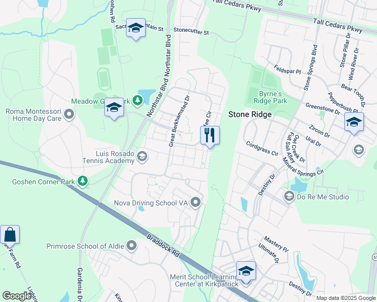 map of restaurants, bars, coffee shops, grocery stores, and more near 25112 Coats Square in Aldie