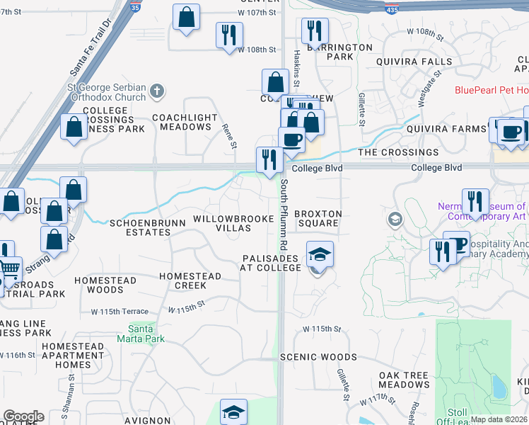 map of restaurants, bars, coffee shops, grocery stores, and more near 11216 Pflumm Road in Lenexa