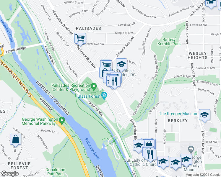 map of restaurants, bars, coffee shops, grocery stores, and more near 5112 MacArthur Boulevard Northwest in Washington